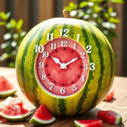 A vibrant and playful clock cleverly crafted from a watermelon
