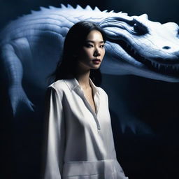 This is a hyper-realistic image depicting an extremely beautiful Asian woman and a giant white crocodile in an environment filled with darkness