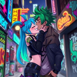 A romantic and dynamic scene of Jinx and Ekko from the animated series Arcane
