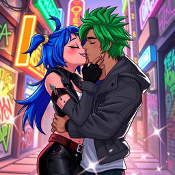 A romantic and dynamic scene of Jinx and Ekko from the animated series Arcane