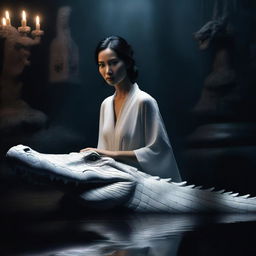 This is a hyper-realistic image depicting an extremely beautiful Asian woman and a giant white crocodile in an environment filled with darkness