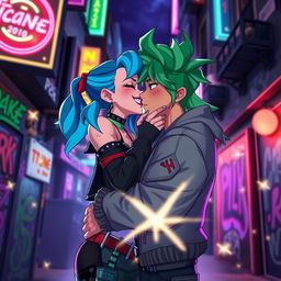 A romantic and dynamic scene of Jinx and Ekko from the animated series Arcane