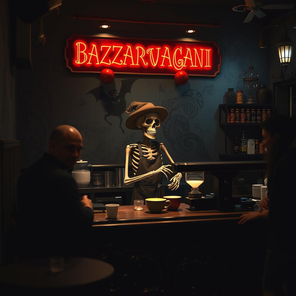 A unique coffee shop named 'Bazargani Vaseghi' featuring a charming skeleton barista serving customers