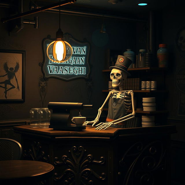 A unique coffee shop named 'Bazargani Vaseghi' featuring a charming skeleton barista serving customers