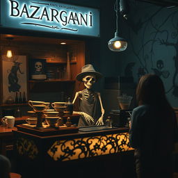 A unique coffee shop named 'Bazargani Vaseghi' featuring a charming skeleton barista serving customers