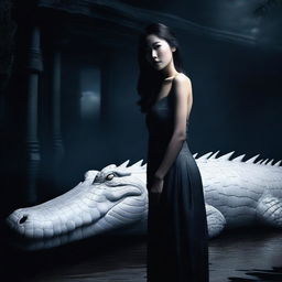 This is a hyper-realistic image depicting an extremely beautiful Asian woman and a giant white crocodile in an environment filled with darkness