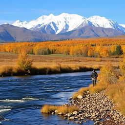 A serene autumn landscape featuring a river flowing gently through the scene
