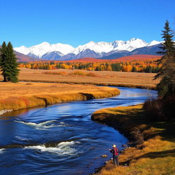 A serene autumn landscape featuring a river flowing gently through the scene
