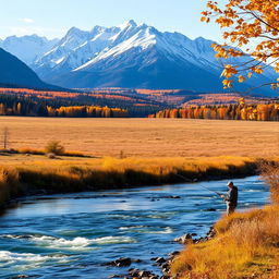 A serene autumn landscape featuring a river flowing gently through the scene