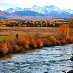 A serene autumn landscape featuring a river flowing gently through the scene