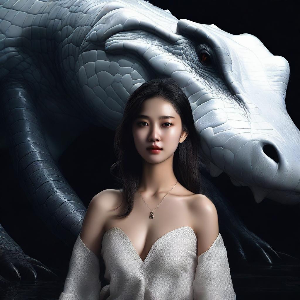 A hyper-realistic image vividly depicts an incredibly beautiful Korean girl alongside a giant white crocodile, surrounded by darkness