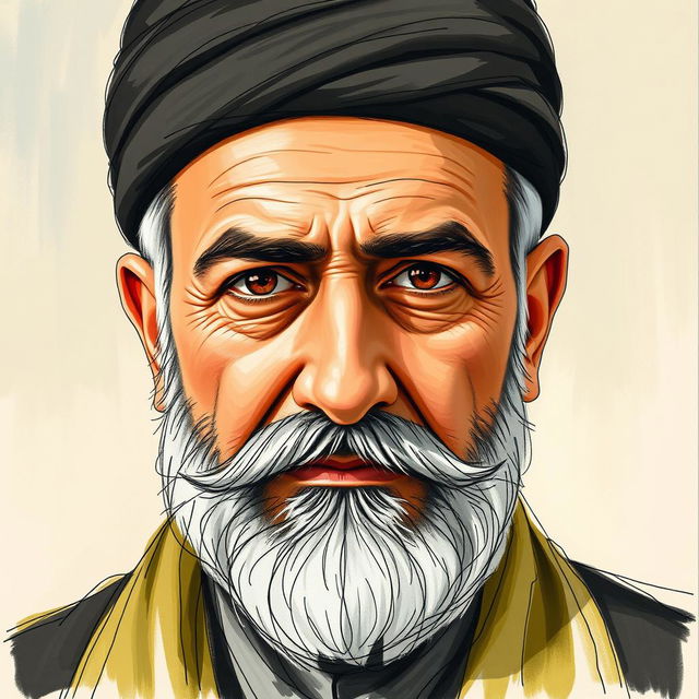 A portrait of Qazi Mohammad, the leader of Kurdistan, created using a combination of sketch techniques and oil paint