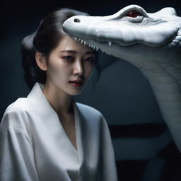 A hyper-realistic image vividly depicts an incredibly beautiful Korean girl alongside a giant white crocodile, surrounded by darkness