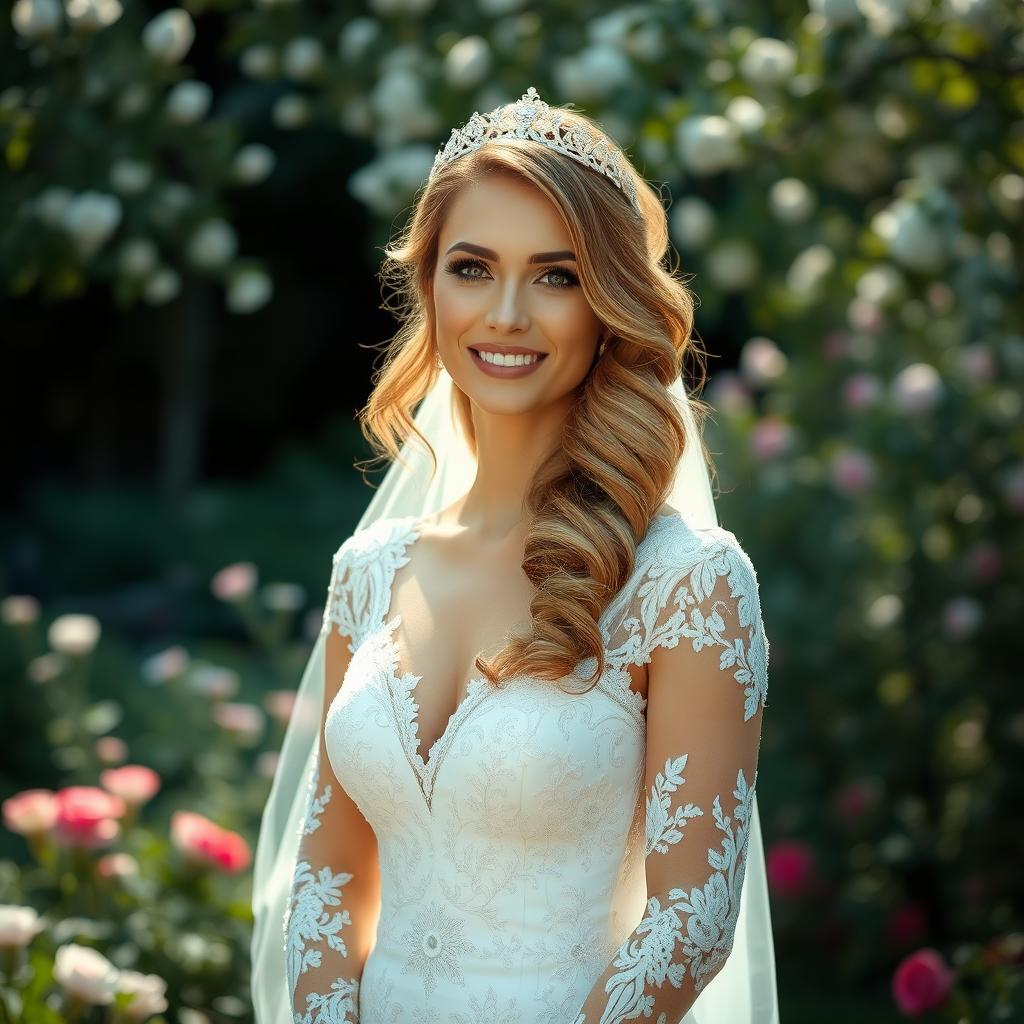 A stunning bride in an elegant wedding dress adorned with intricate lace details and delicate floral embellishments