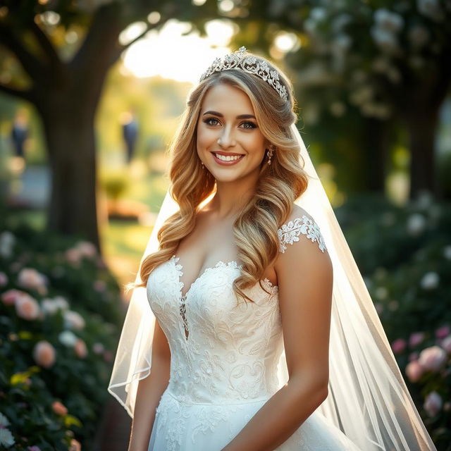 A stunning bride in an elegant wedding dress adorned with intricate lace details and delicate floral embellishments