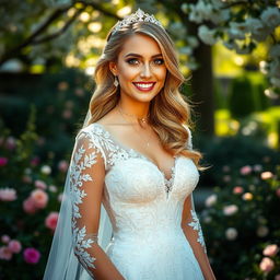 A stunning bride in an elegant wedding dress adorned with intricate lace details and delicate floral embellishments