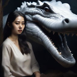 A hyper-realistic image vividly depicts an incredibly beautiful Korean girl alongside a giant white crocodile, surrounded by darkness