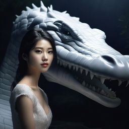 A hyper-realistic image vividly depicts an incredibly beautiful Korean girl alongside a giant white crocodile, surrounded by darkness