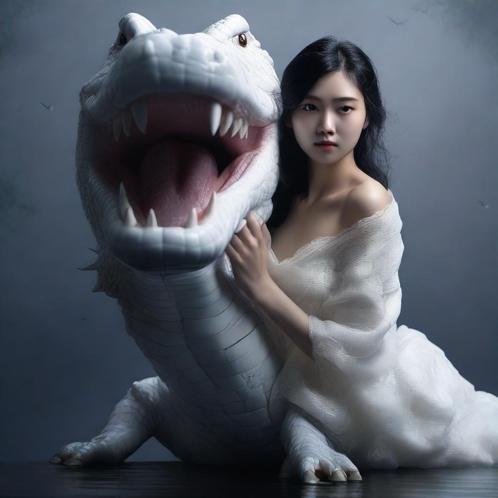 A hyper-realistic image presents an incredibly beautiful Korean girl and a giant white crocodile, both enveloped in a misty, dark environment