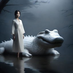 A hyper-realistic image presents an incredibly beautiful Korean girl and a giant white crocodile, both enveloped in a misty, dark environment