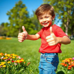 A cheerful young boy giving a thumbs up with a big smile on his face, wearing a bright red t-shirt and blue jeans