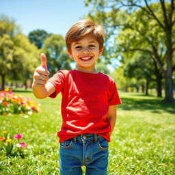 A cheerful young boy giving a thumbs up with a big smile on his face, wearing a bright red t-shirt and blue jeans