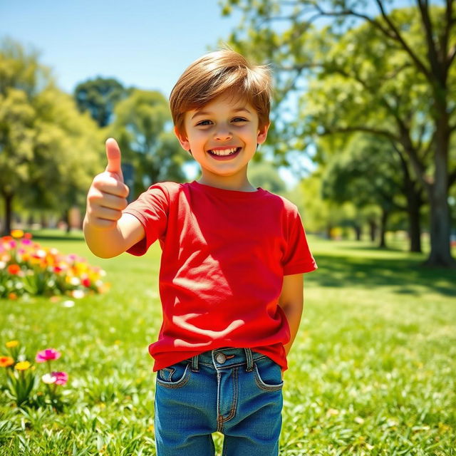 A cheerful young boy giving a thumbs up with a big smile on his face, wearing a bright red t-shirt and blue jeans