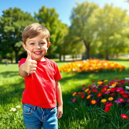 A cheerful young boy giving a thumbs up with a big smile on his face, wearing a bright red t-shirt and blue jeans
