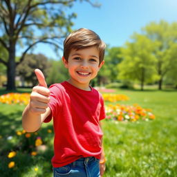 A cheerful young boy giving a thumbs up with a big smile on his face, wearing a bright red t-shirt and blue jeans