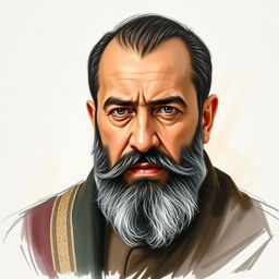 A portrait of Qazi Mohammad, the Kurdish leader, rendered in a sophisticated combination of sketch technique and oil paint