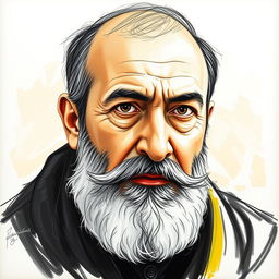 A portrait of Qazi Mohammad, the Kurdish leader, rendered in a sophisticated combination of sketch technique and oil paint