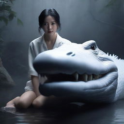 A hyper-realistic image presents an incredibly beautiful Korean girl and a giant white crocodile, both enveloped in a misty, dark environment