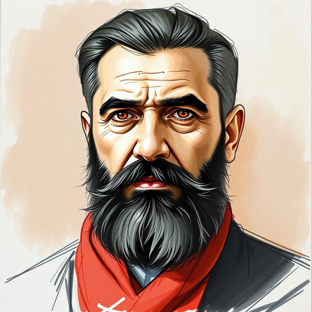A portrait of Qazi Mohammad, the Kurdish leader, rendered in a sophisticated combination of sketch technique and oil paint