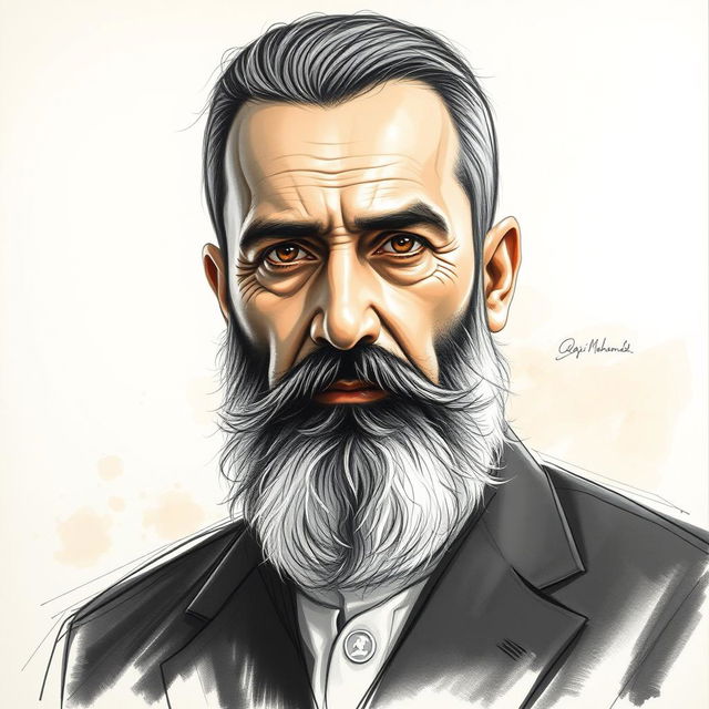 A portrait of Qazi Mohammad, the Kurdish leader, rendered in a sophisticated combination of sketch technique and oil paint