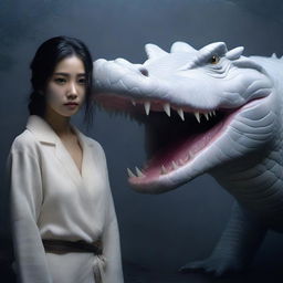 A hyper-realistic image presents an incredibly beautiful Korean girl and a giant white crocodile, both enveloped in a misty, dark environment