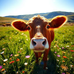A vibrant, red cow standing in a lush green meadow, surrounded by wildflowers of various colors
