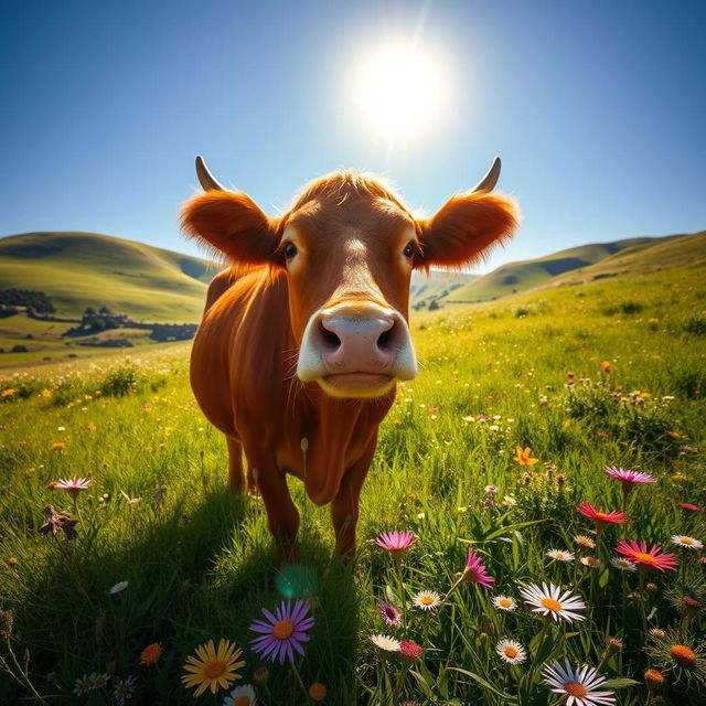 A vibrant, red cow standing in a lush green meadow, surrounded by wildflowers of various colors