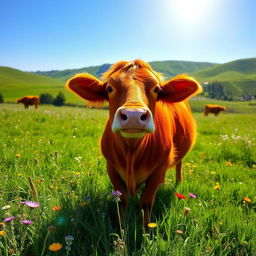 A vibrant, red cow standing in a lush green meadow, surrounded by wildflowers of various colors