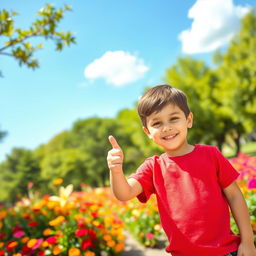 A cheerful young boy giving a thumbs up with a big smile, standing in a sunlit park filled with vibrant flowers and green trees