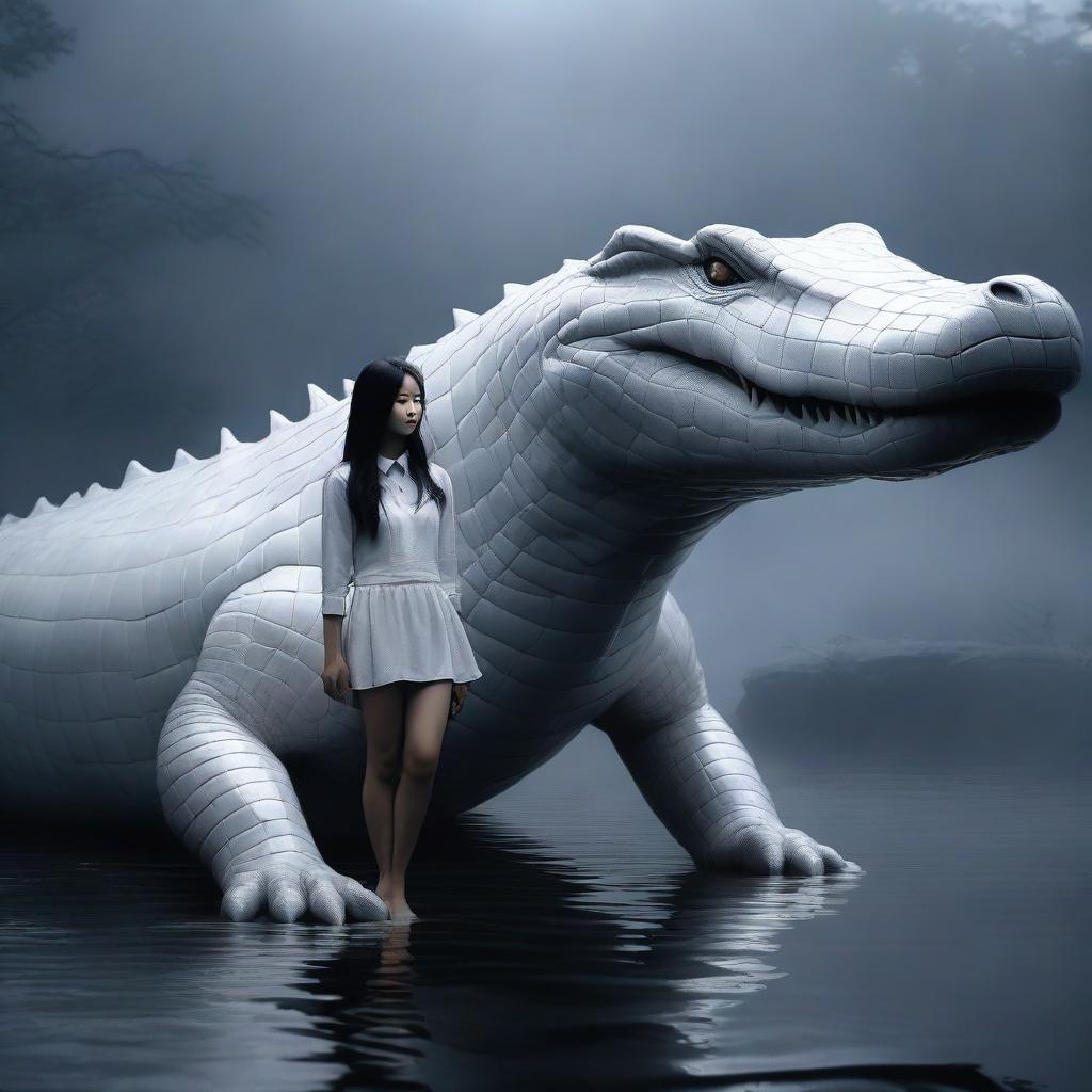 A hyper-realistic image captures an incredibly beautiful Korean girl and a rampaging giant white crocodile, both engulfed in a foggy, dark setting