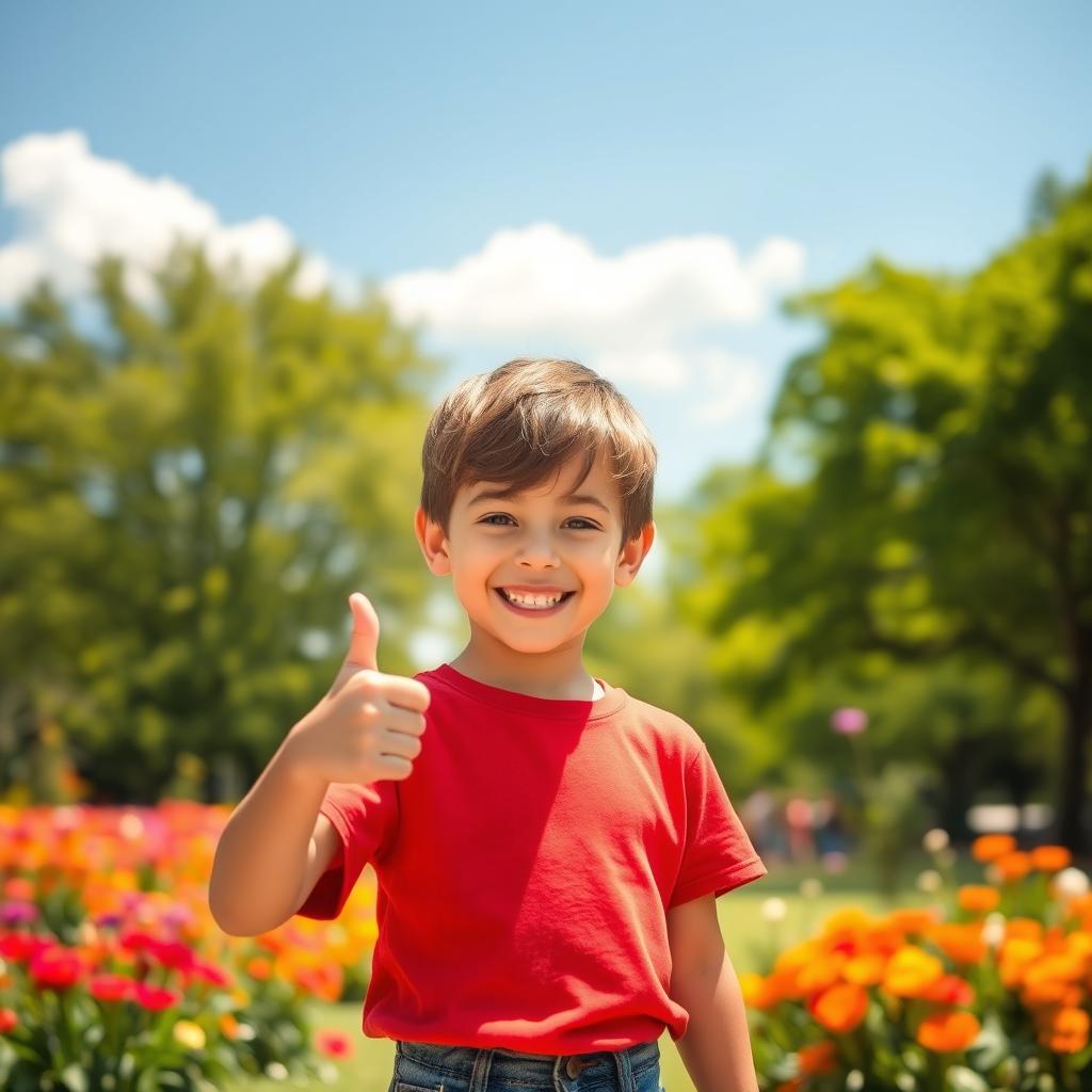 A cheerful young boy giving a thumbs up with a big smile, standing in a sunlit park filled with vibrant flowers and green trees