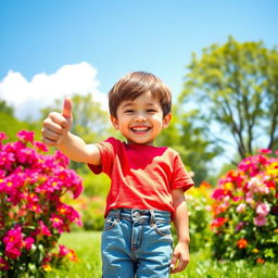 A cheerful young boy giving a thumbs up with a big smile, standing in a sunlit park filled with vibrant flowers and green trees