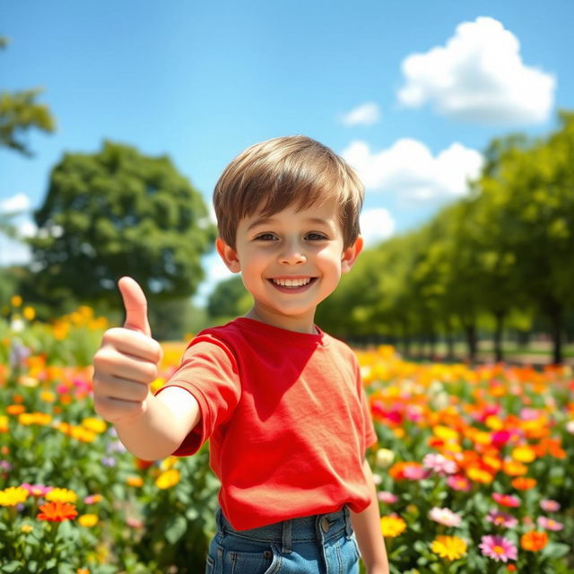 A cheerful young boy giving a thumbs up with a big smile, standing in a sunlit park filled with vibrant flowers and green trees