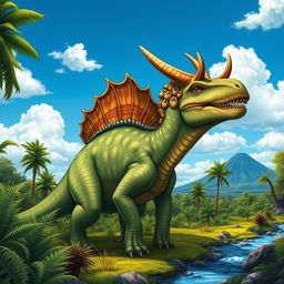 A magnificent horned dinosaur standing in a lush prehistoric landscape, surrounded by ferns and towering trees