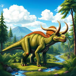 A magnificent horned dinosaur standing in a lush prehistoric landscape, surrounded by ferns and towering trees