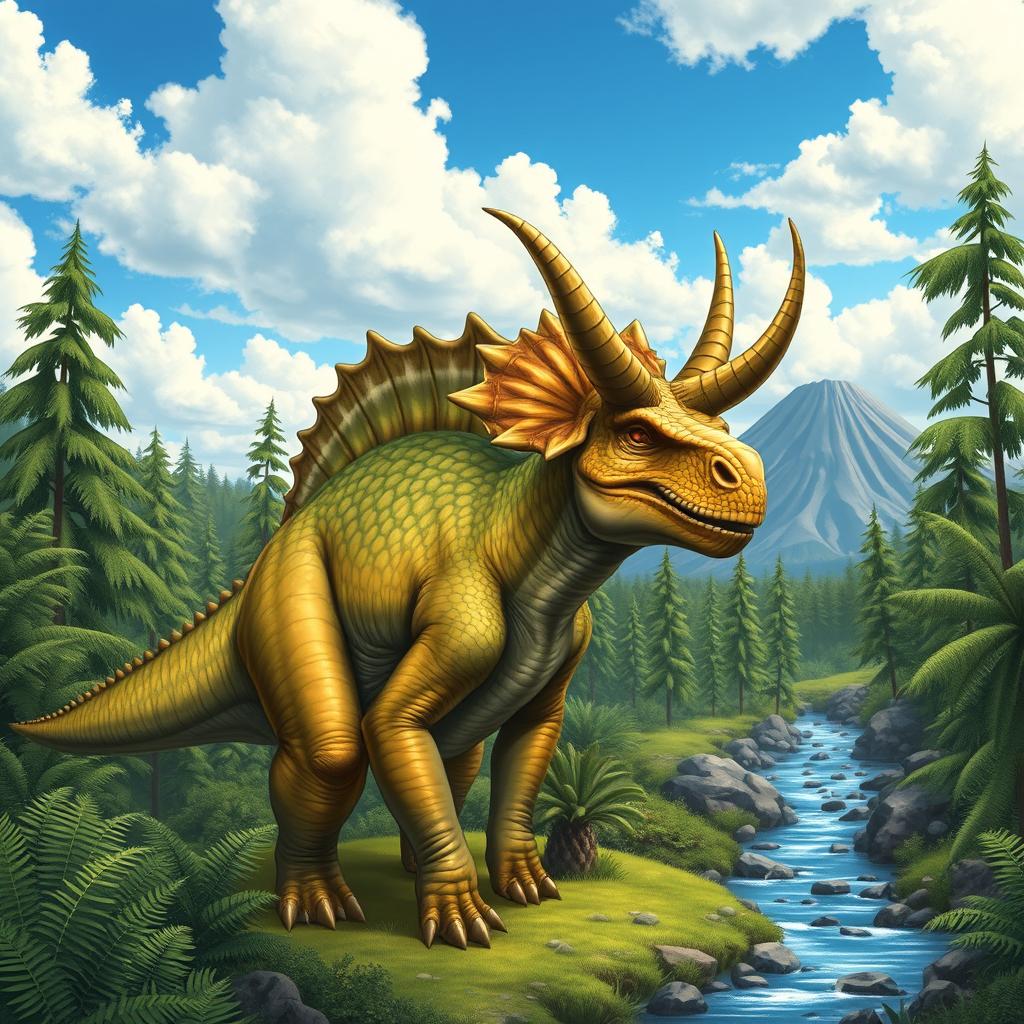 A magnificent horned dinosaur standing in a lush prehistoric landscape, surrounded by ferns and towering trees