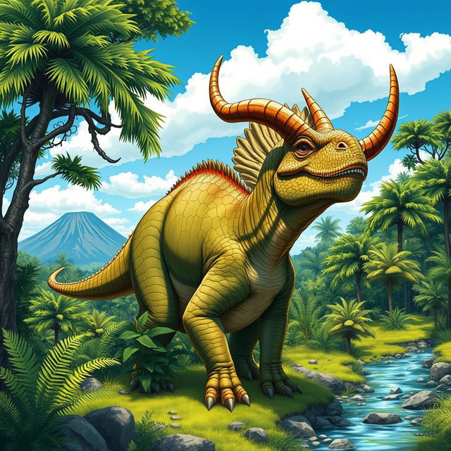 A magnificent horned dinosaur standing in a lush prehistoric landscape, surrounded by ferns and towering trees