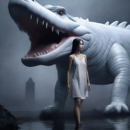 A hyper-realistic image captures an incredibly beautiful Korean girl and a rampaging giant white crocodile, both engulfed in a foggy, dark setting