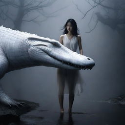 A hyper-realistic image captures an incredibly beautiful Korean girl and a rampaging giant white crocodile, both engulfed in a foggy, dark setting