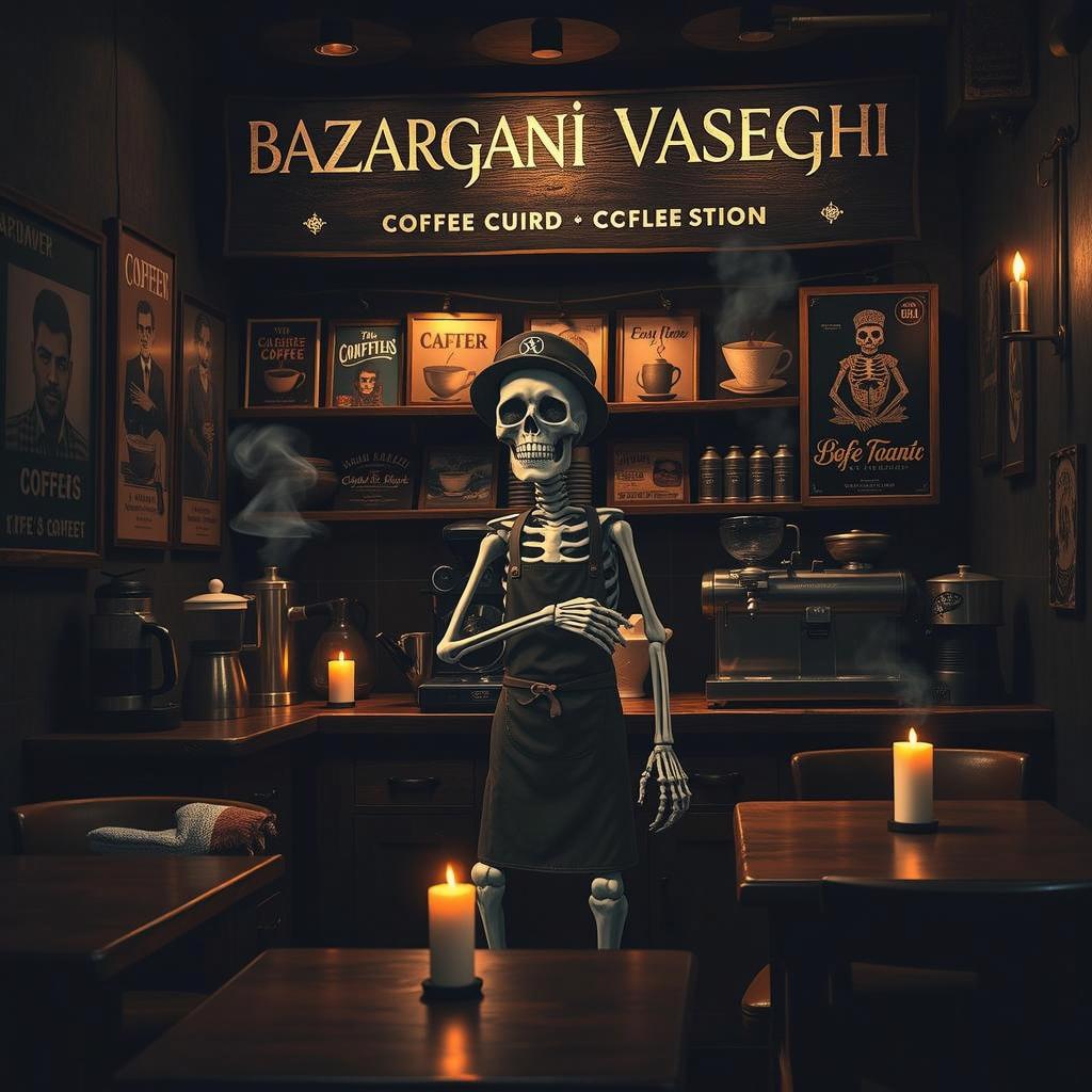 A dark and atmospheric coffee shop scene featuring a skeleton barista